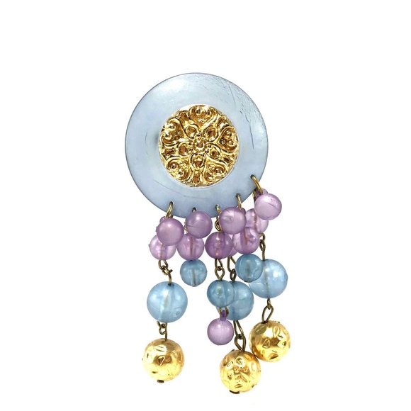 1980s Gold Tone and Frosted Lucite Dangle Brooch Pin Purple Navy - Picture 1 of 3